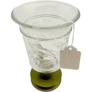 Vintage Home Interiors Pressed Glass Floral Candle Holder w/Green Brass Base
